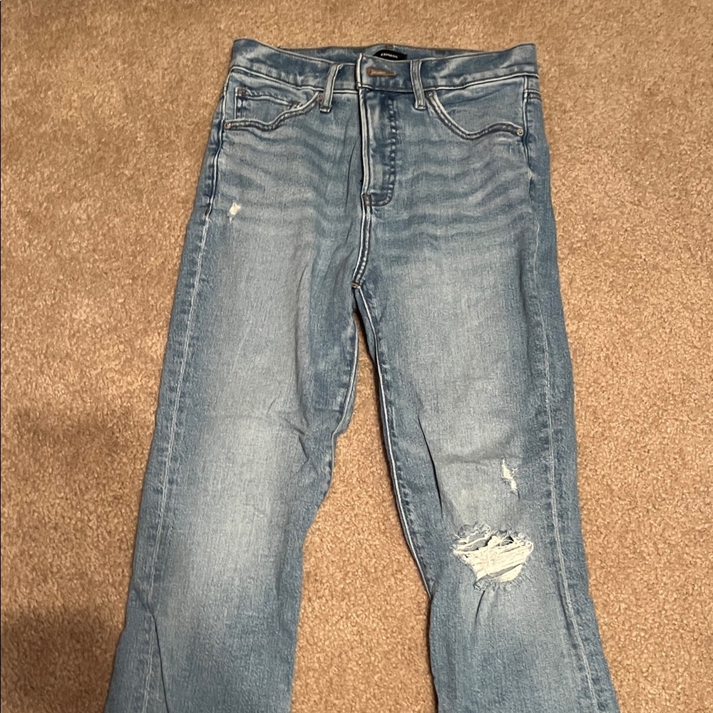 Express Women's Light Blue Straight Leg Distressed Jeans